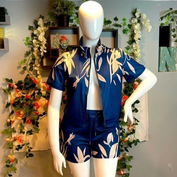 Plant-Print‎ Zip-Front Top And Drawstring Shorts Set Large RefI016 - Picture 3 of 11
